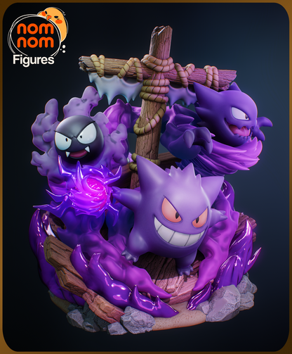 Figura de Resina Chibi - Diorama Gastly, Haunter & Gengar - Pokemon