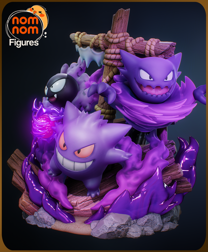 Figura de Resina Chibi - Diorama Gastly, Haunter & Gengar - Pokemon