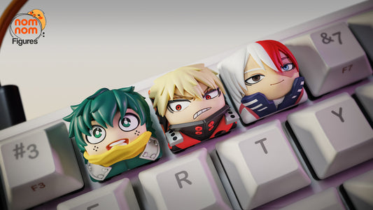 Pack 3 keycaps de resina My Hero Academia Deku, Bakugo y Todoroki